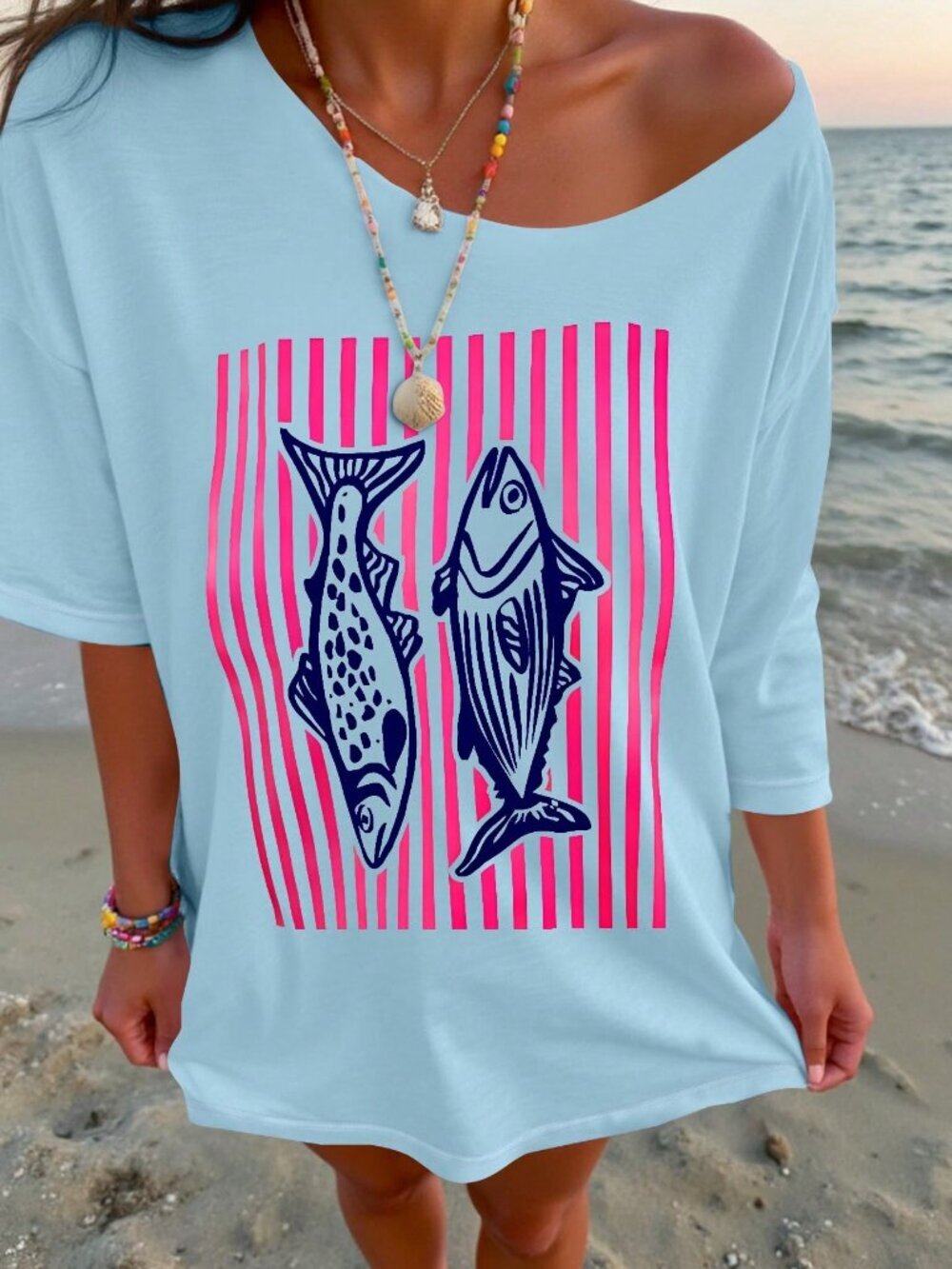 Blue Casual Women's Vacation Style Striped Print Loose Off-Shoulder T-Shirt